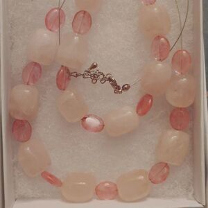Handmade Necklace & Bracelet SET Pink Quartz Chunky bead w/ flat oval spacers